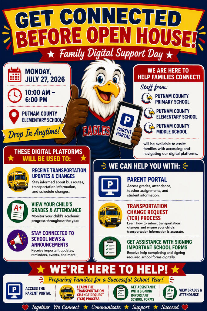 Digital poster promoting "Family Digital Support Day" with an eagle mascot holding a tablet. Features include transportation updates, parent portal access, and school announcements.