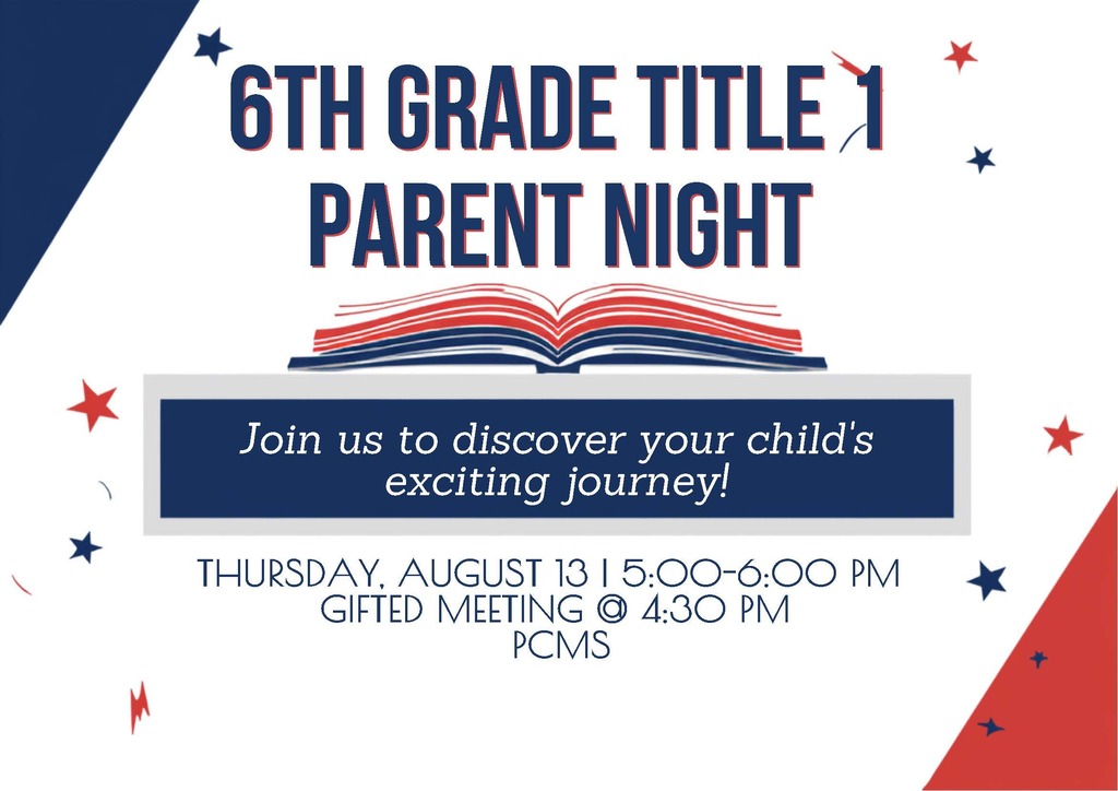 A white backdrop features a book with open pages, text, and stars. Text reads "6TH GRADE TITLE 1 PARENT NIGHT".