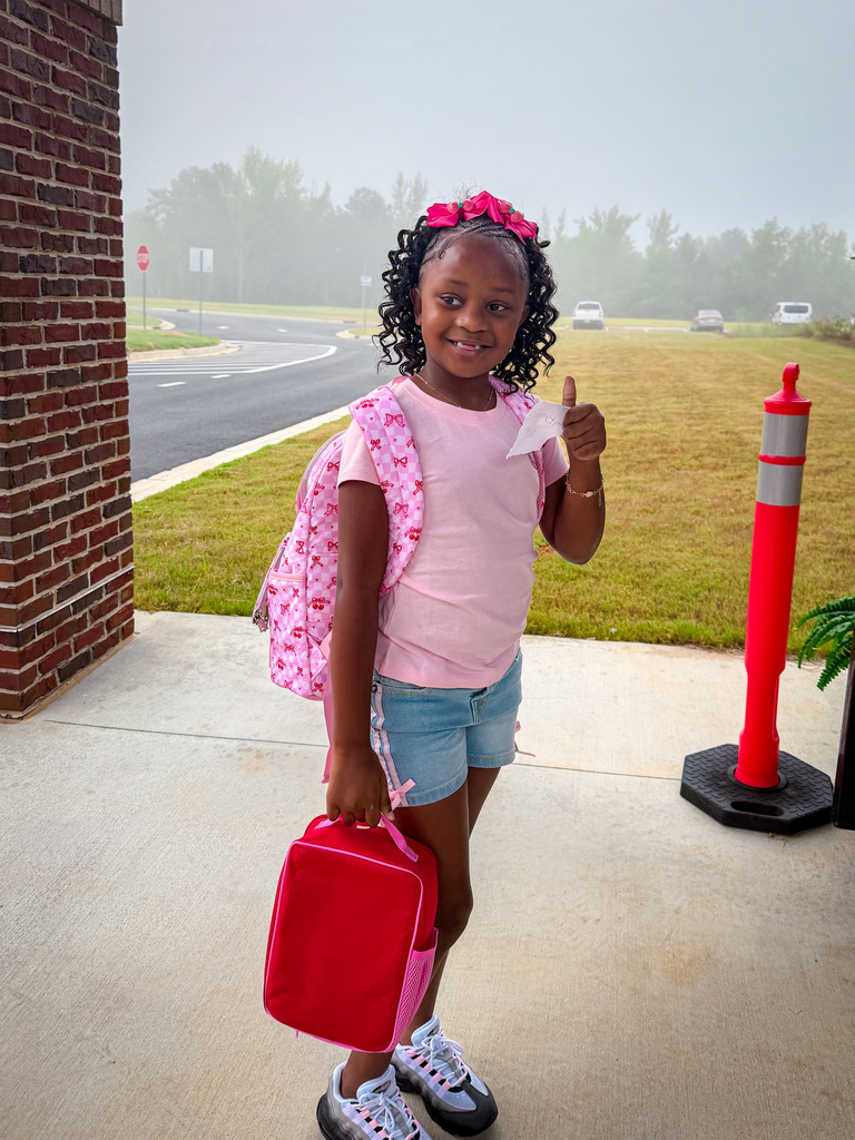 Child holding a red lunchbox, wearing a pink shirt and denim shorts, standing outside in a misty area.
