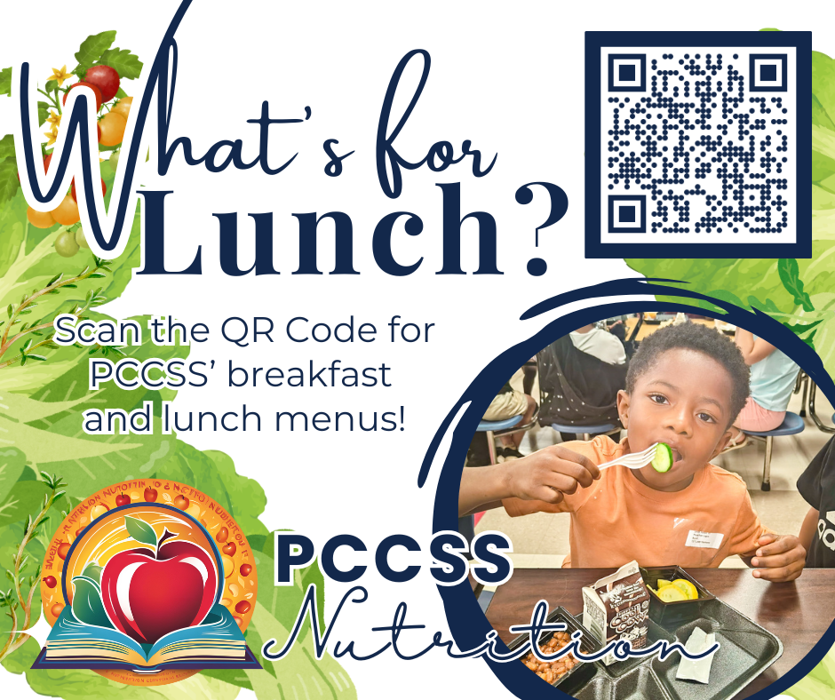 A banner with "What's for Lunch?" features a child eating. QR code for menus is on the right. Green leafy designs and an apple icon are present.