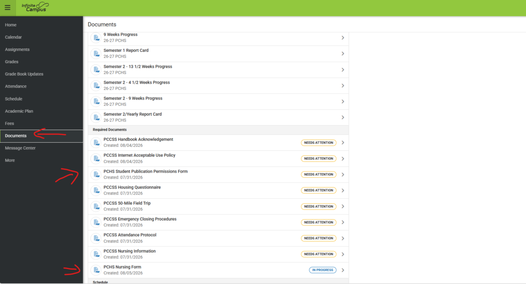Documents for parents to complete in IC