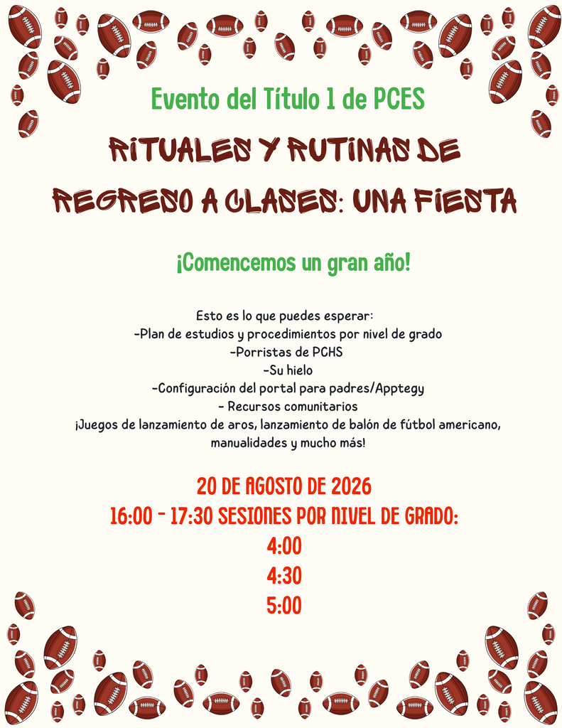 Poster with the title "Evento del Titulo 1 de PCS" and a border of football images. Text reads "Rituales y rutinas de regreso a clases: Una fiesta."