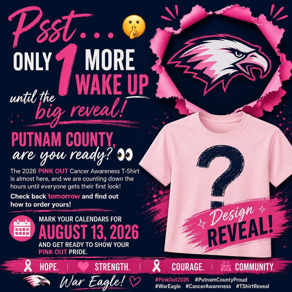 Poster with a pink t-shirt design featuring a question mark. Text reads "Post... Only 1 More Wake Up Until the Big Reveal!"