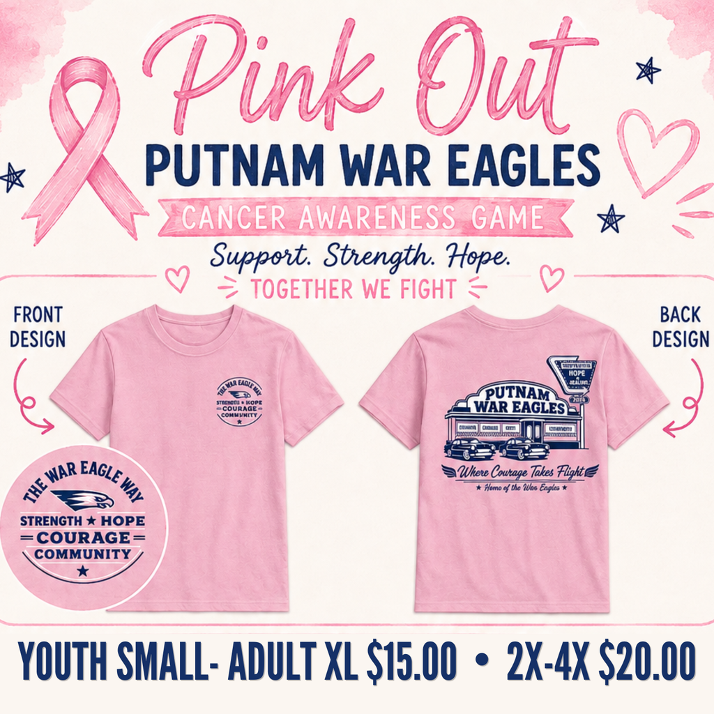 Pink t-shirts with "Putnam War Eagles" logo on front and back with price details for various sizes.