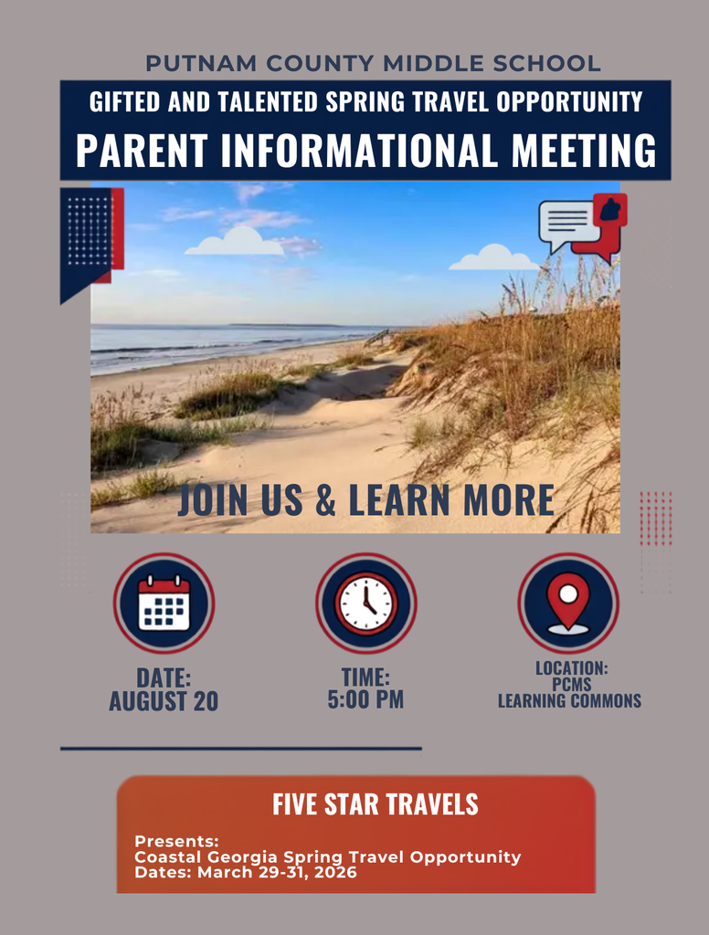 A poster invites parents to an informational meeting. Beach and dunes in background. Date, time, and location displayed.