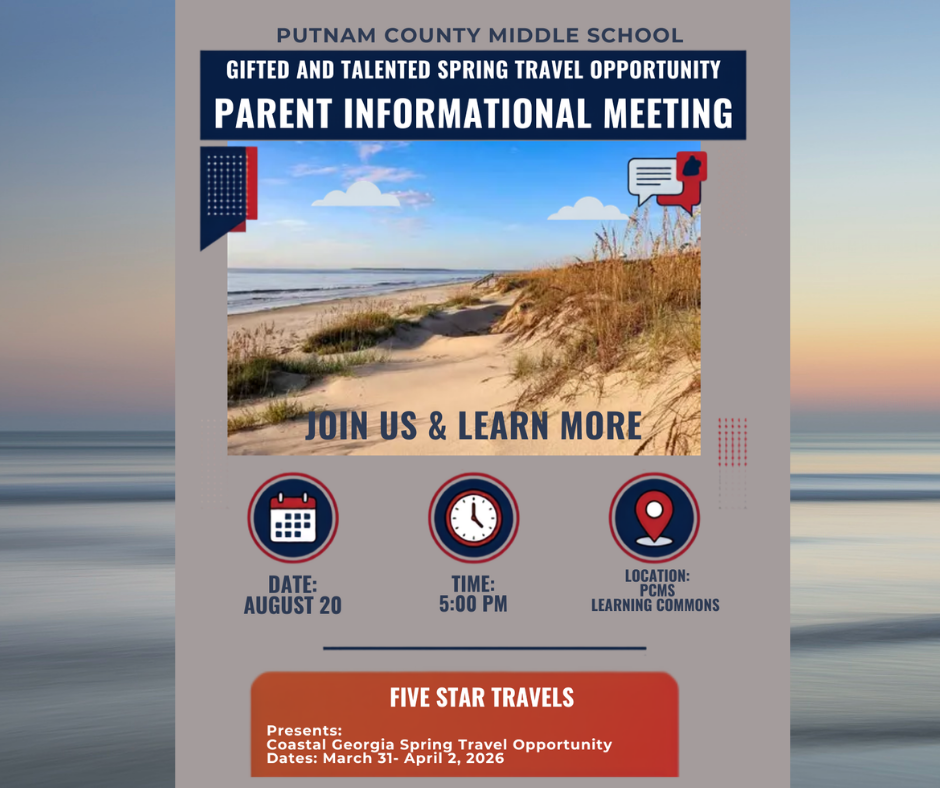 A flyer for a parent informational meeting at Putnam County Middle School. It features a beach scene with a blue sky.