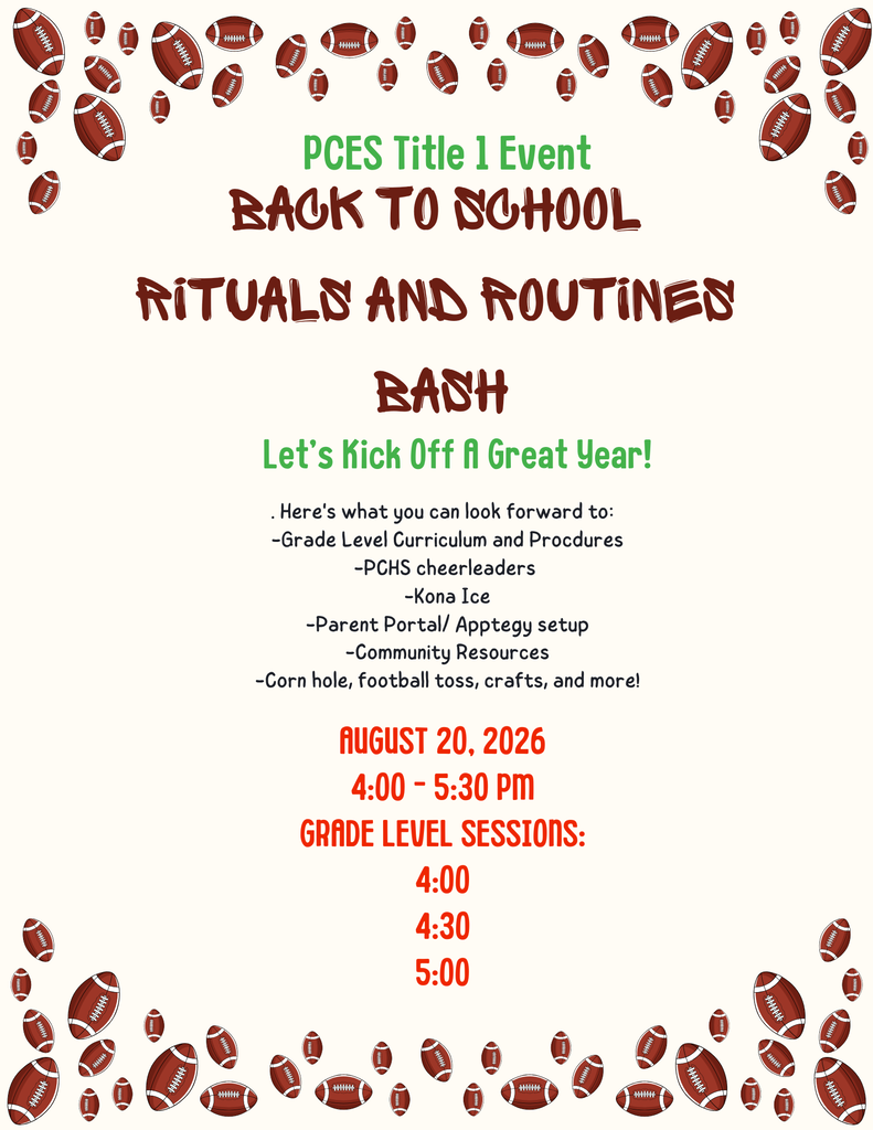 A white backdrop with brown footballs displays the title "PCES Title 1 Event: Back to School Rituals and Routines Bash."