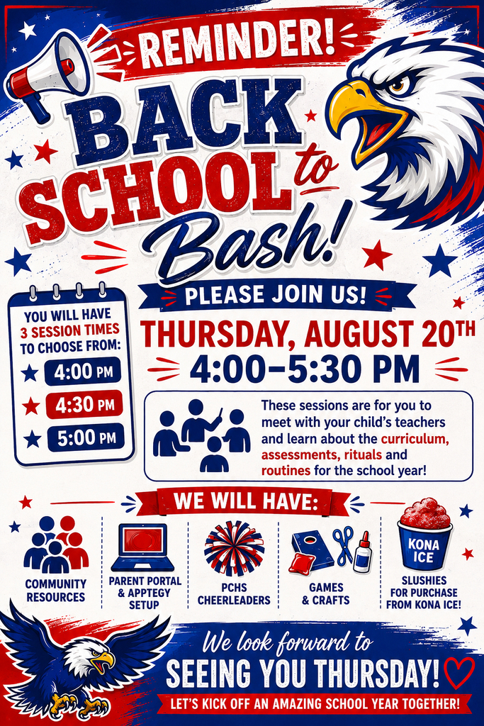A flyer with an eagle, stars, and a megaphone announces a Back to School Bash on August 20th.