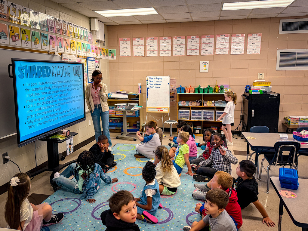 A classroom with a teacher standing by a screen. Children sit on the floor in front of a screen.