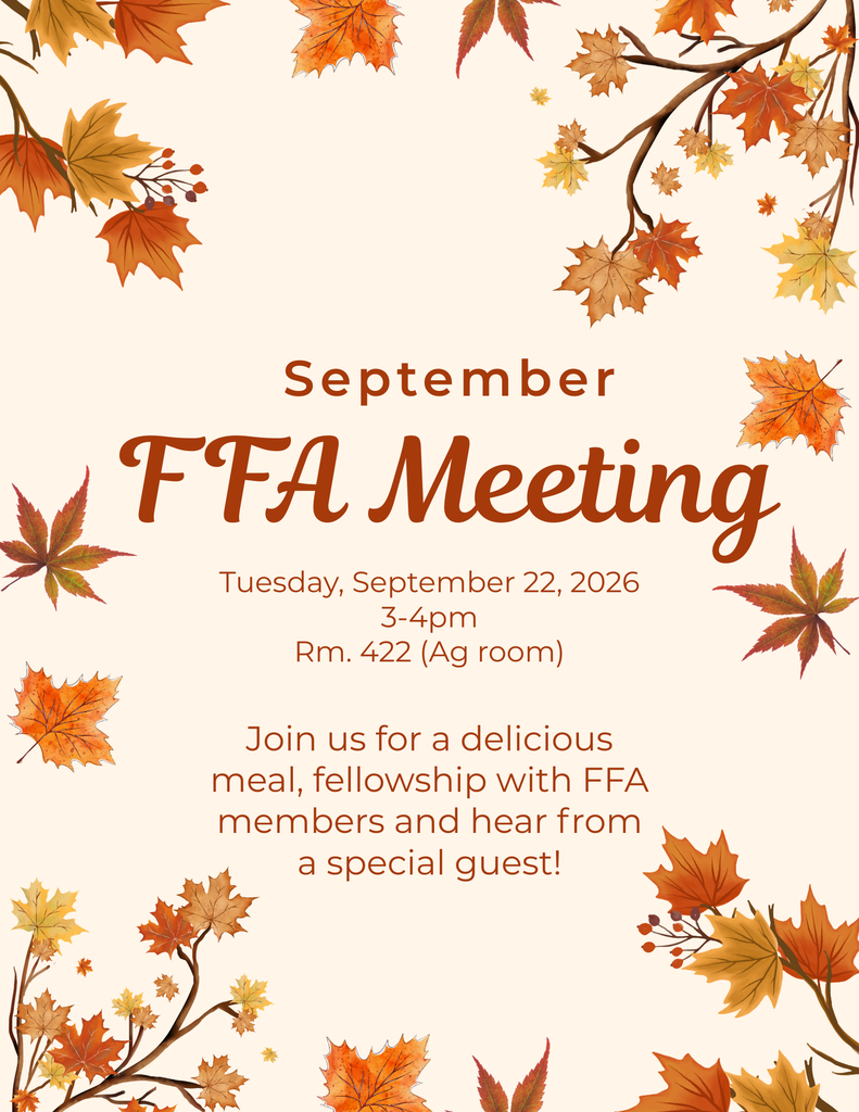 Invitation for the FFA meeting on Tuesday, September 22, 2026, at 3-4 pm, located in room 422. Features autumn leaves.