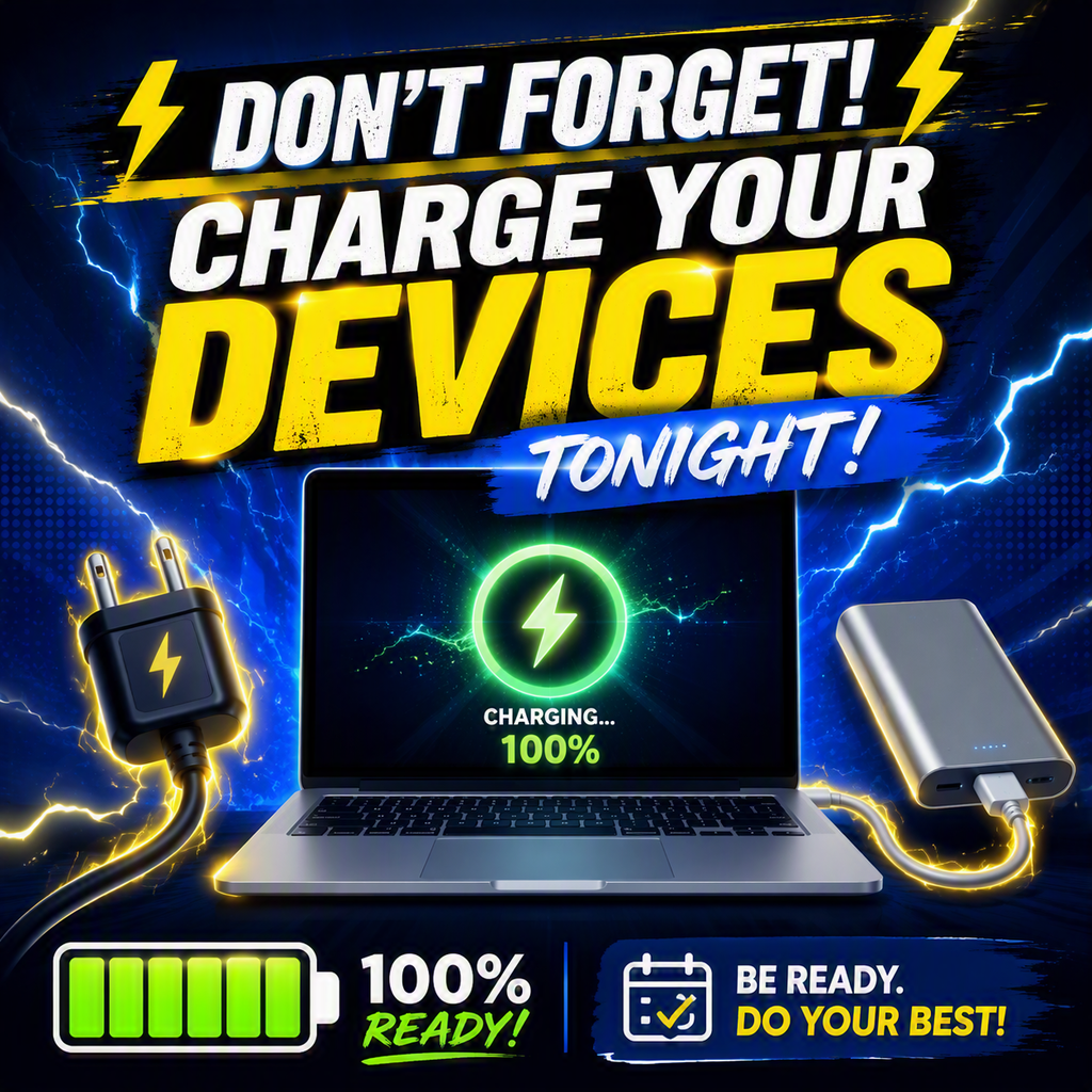 Advertisement with a laptop charging and lightning effects. Text reads "Don't forget! Charge your devices tonight!"