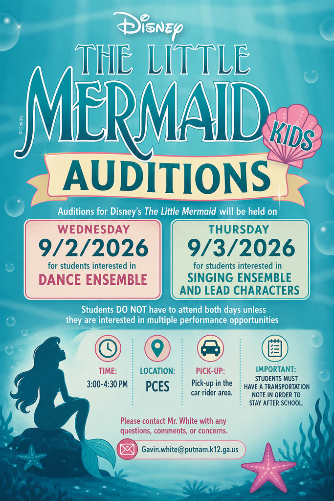 Poster for "The Little Mermaid Kids Auditions" with dates and times for dance and singing ensemble auditions.