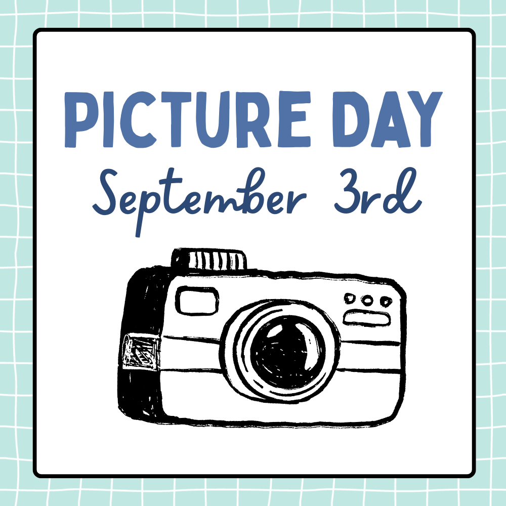 A poster with a white background and a blue grid. It reads "Picture Day September 3rd" above a drawing of a camera.