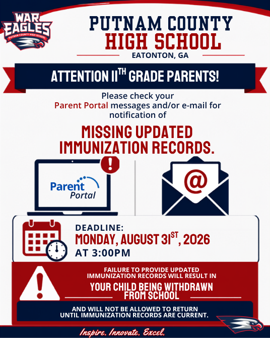 11th Grade Students Missing Immunization Records deadline is Monday, August 31st.