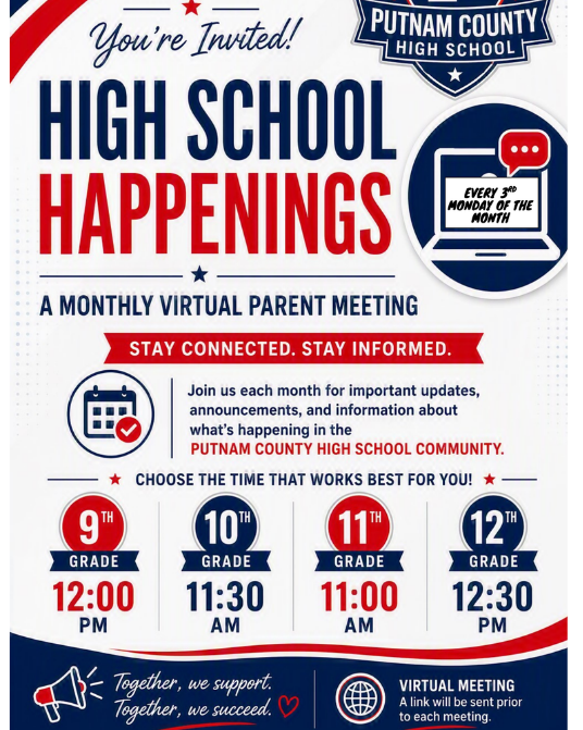 High School Happenings - Monthly Virtual Parent Meetings Flyer
