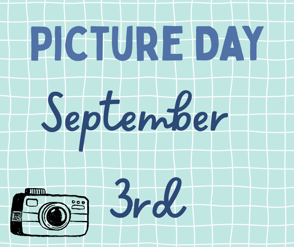 Blue grid background with text reading "PICTURE DAY September 3rd" and an illustration of a camera.