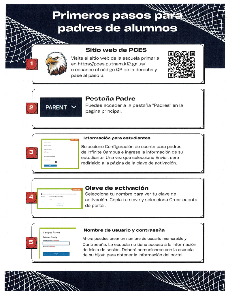 A poster shows five steps for parents of students with an eagle icon and QR code, and text in Spanish.