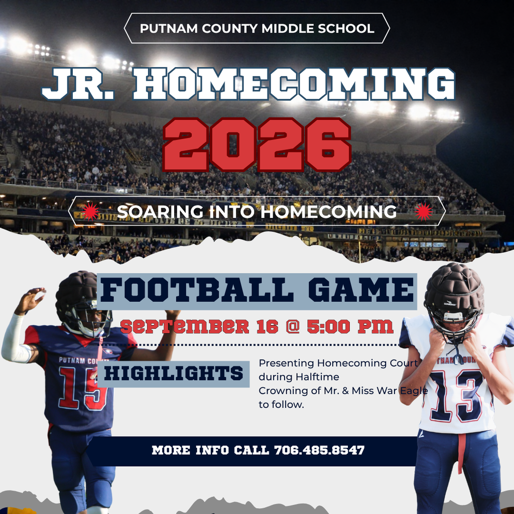 A sports poster announces Jr. Homecoming 2026. Two football players face each other, and the crowd is blurry.