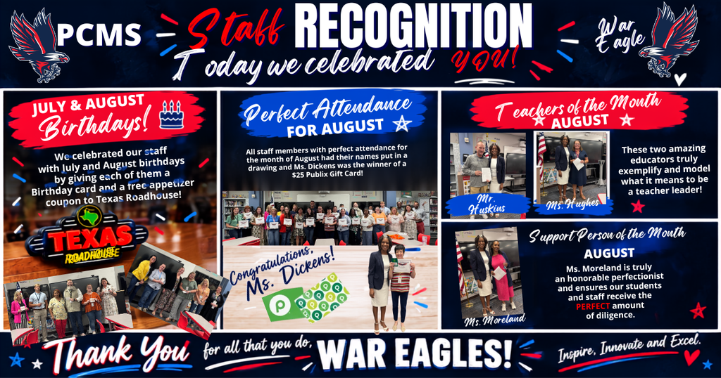 Collage of staff recognition images with various text overlays including "Recognition Today", "Perfect Attendance for August", and "Congratulations Mr. D".