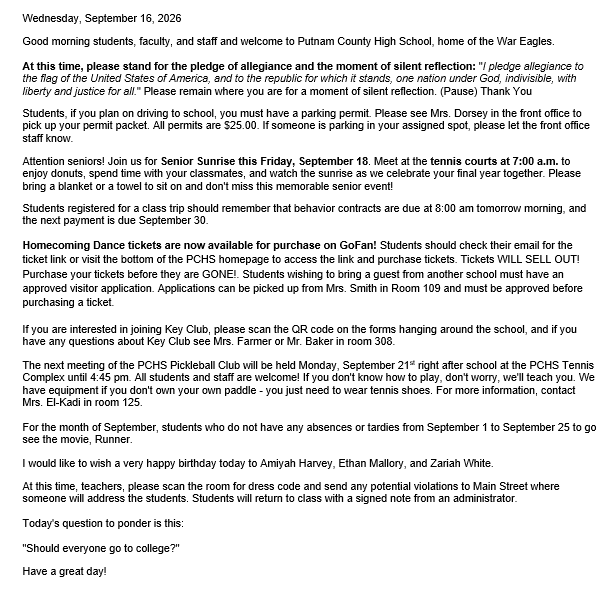 Announcements 9/16/26