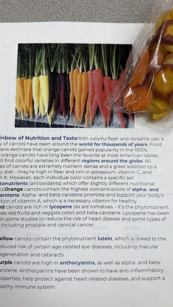Text and images describe carrot nutrition. Carrots in colors orange, yellow, red and purple are shown. Text includes nutritional benefits of each color.