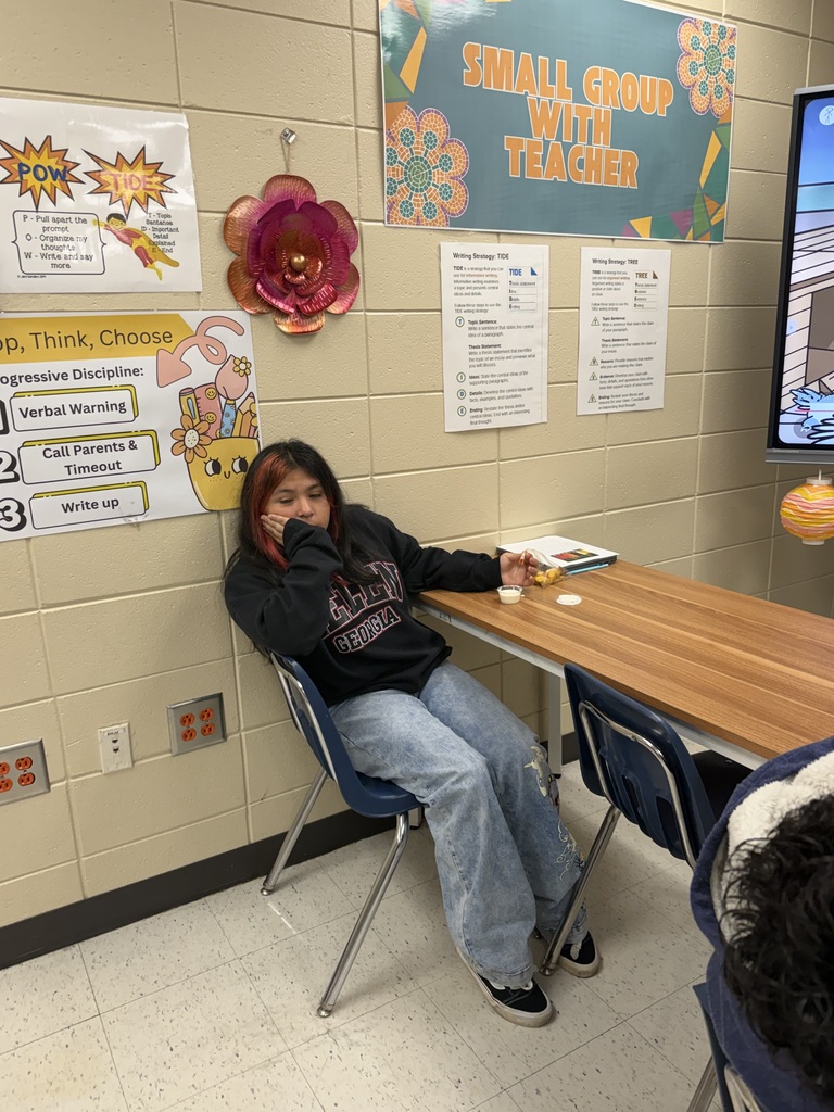 A person sits on a chair at a table in a classroom. A monitor displays images.
