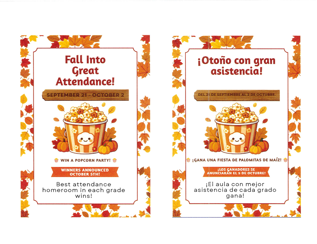 Two posters featuring fall-themed designs with a popcorn bucket and leaves. One reads "Fall Into Great Attendance!" and the other "¡Otoño con gran asistencia!"