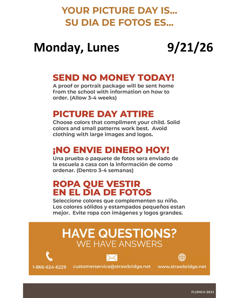 A flyer with an orange and white background. Text in both English and Spanish. Contact information and a website at the bottom.