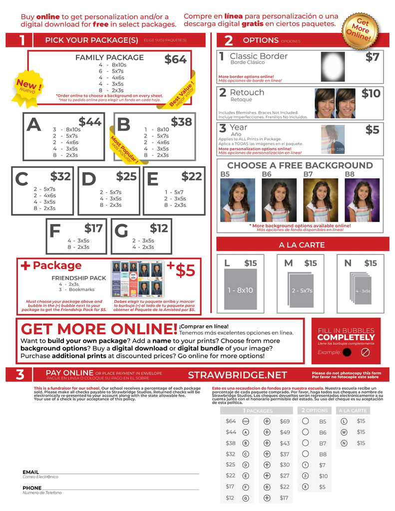 A brochure with red and white sections displays various packages and pricing for family portraits, including different background choices and package options.