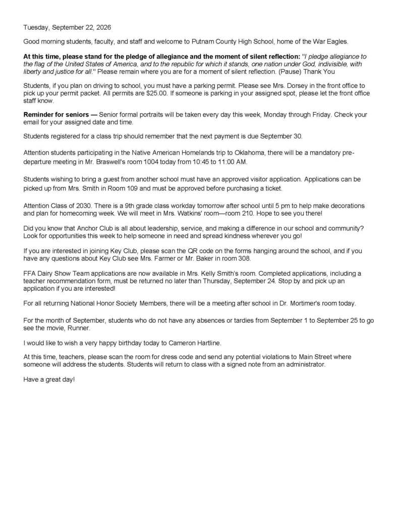 PCHS Daily Announcements 9.22.26