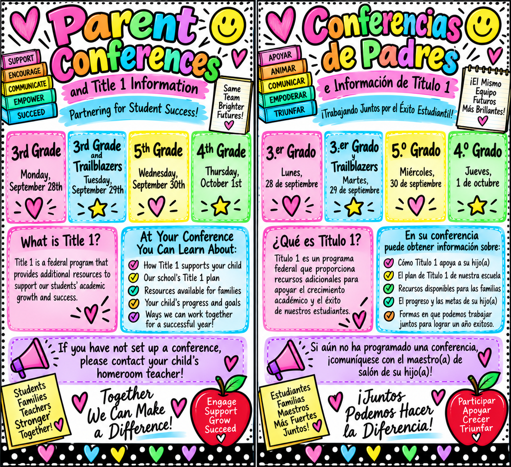 Two pages with pink and green backgrounds; first page has English text and second page has Spanish text. Text on first page says "Parent Conferences" and "Together We Can Make a Difference!"