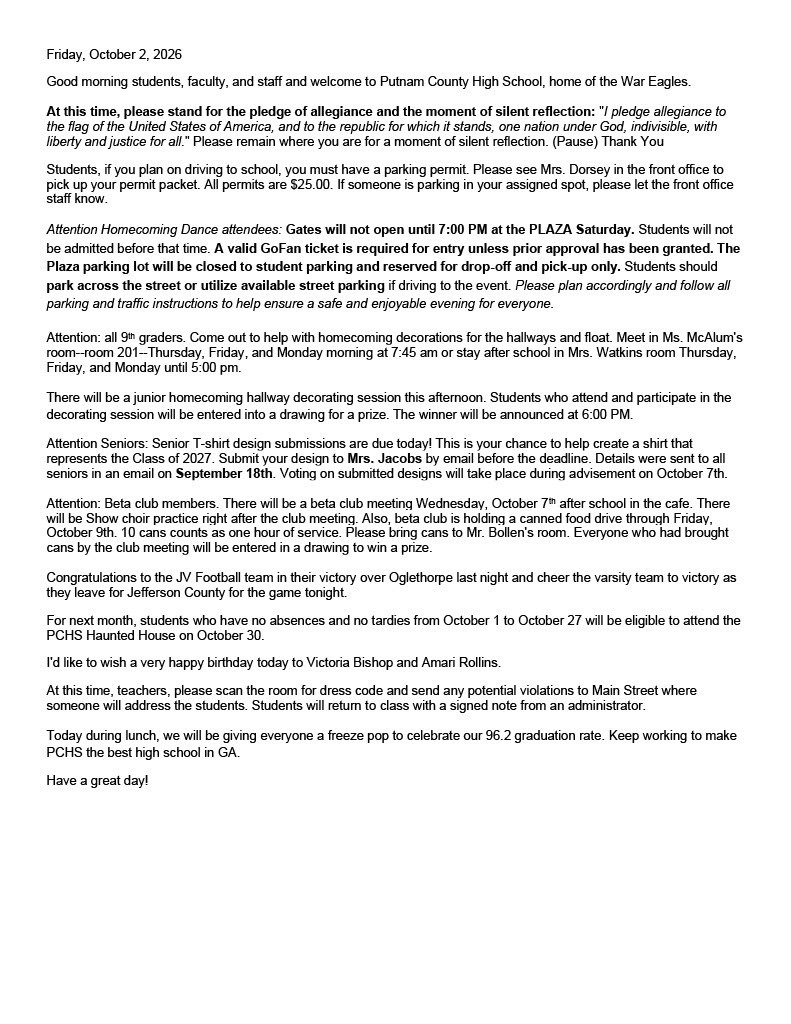 PCHS Daily Announcements 10/2/26.