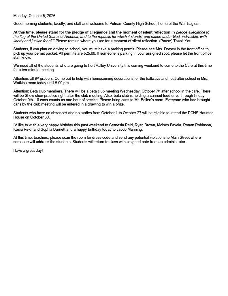 Daily Announcements 10/5/26.