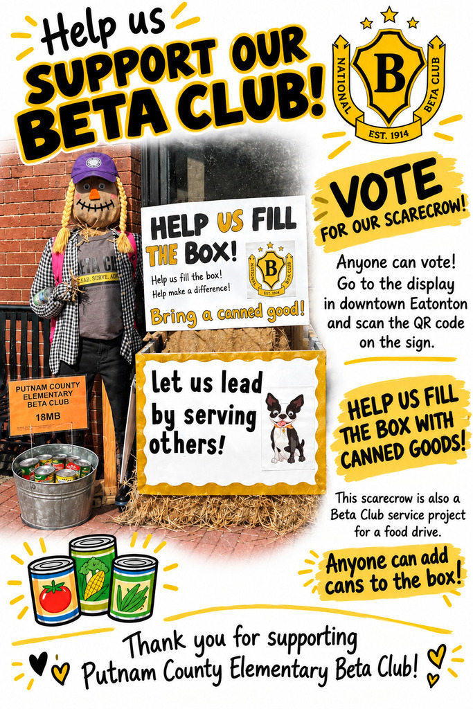 A Scarecrow stands with a box and signs. Text: "Help us support our Beta Club!" Behind is a brick wall.