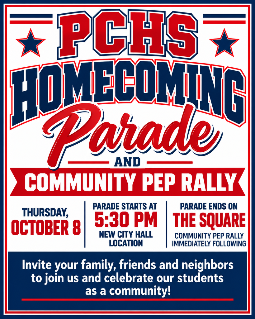 Promotional poster for the PCHS Homecoming Parade and community pep rally on October 8, starting at 5:30 PM at the New City Hall.