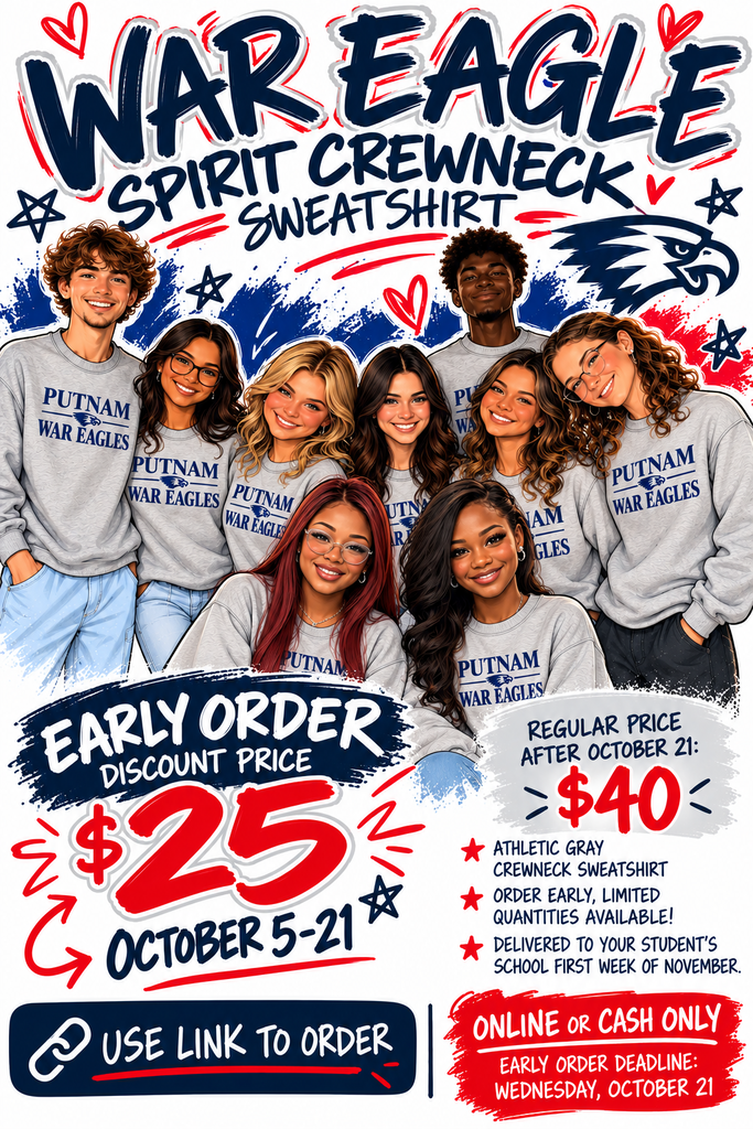 A group of teens in gray sweatshirts pose. "Ware Eagle Spirit Crewneck Sweatshirt" and pricing details are shown.
