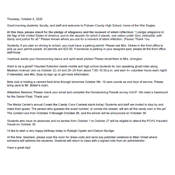 Daily Announcements 10/8/26.
