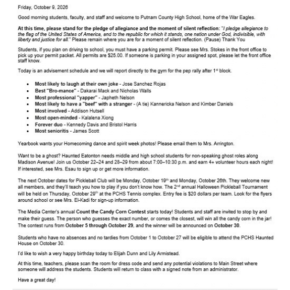 PCHS Daily Announcements 10/9/26.