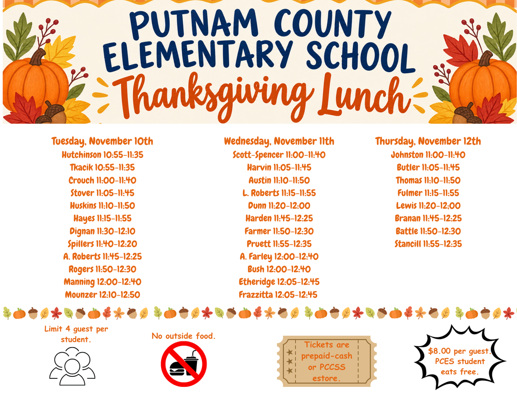 An invitation shows a menu for a Thanksgiving lunch at Putnam County Elementary School, with names, times, prices, and icons.