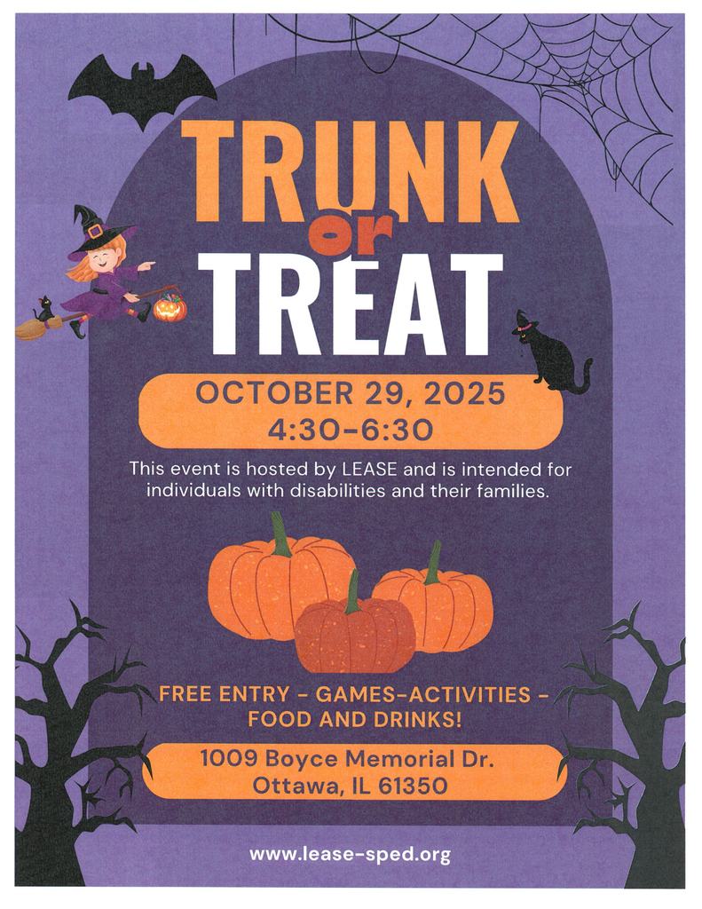 LEASE Trunk or Treat for students with disabilities on Oct 29, 2025 from 4:30 - 6:30 in Ottawa - 1009 Boyce Memorial Drive.