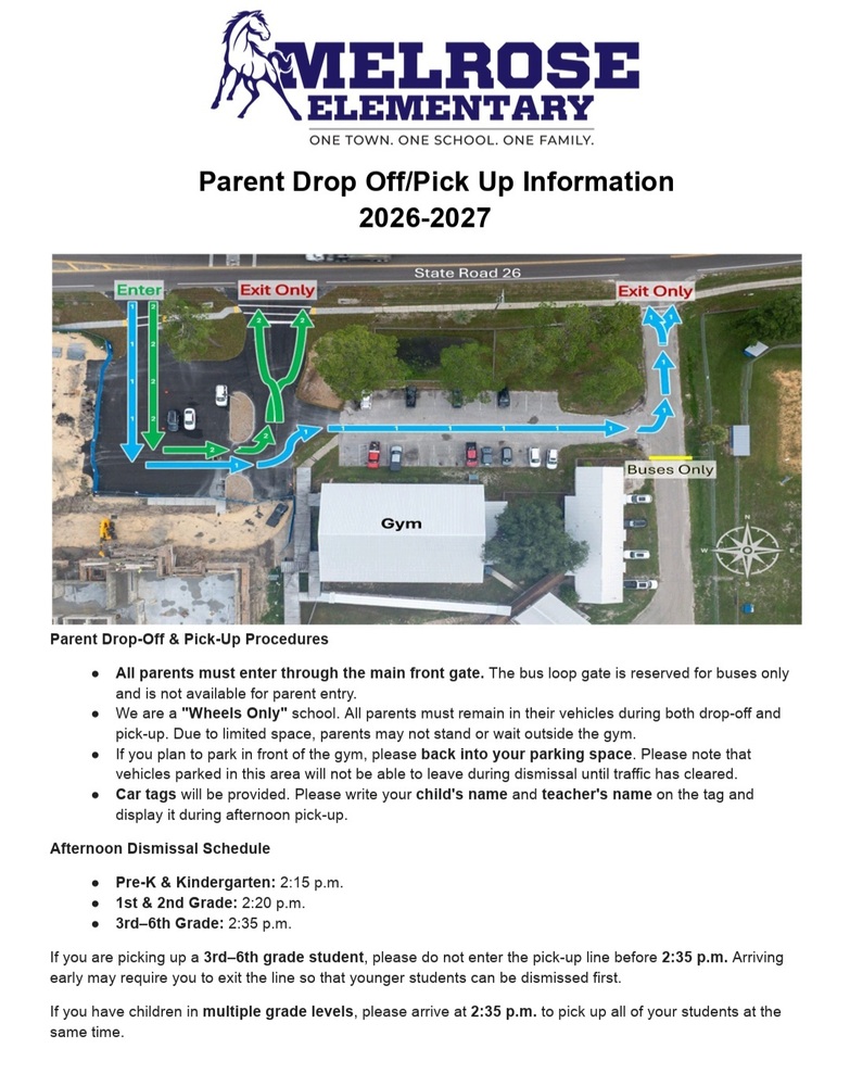 Picture of front school parking lot with arrows representing where parents are to go for pick up and drop off.  At the bottom are different procedure directions for parents.
