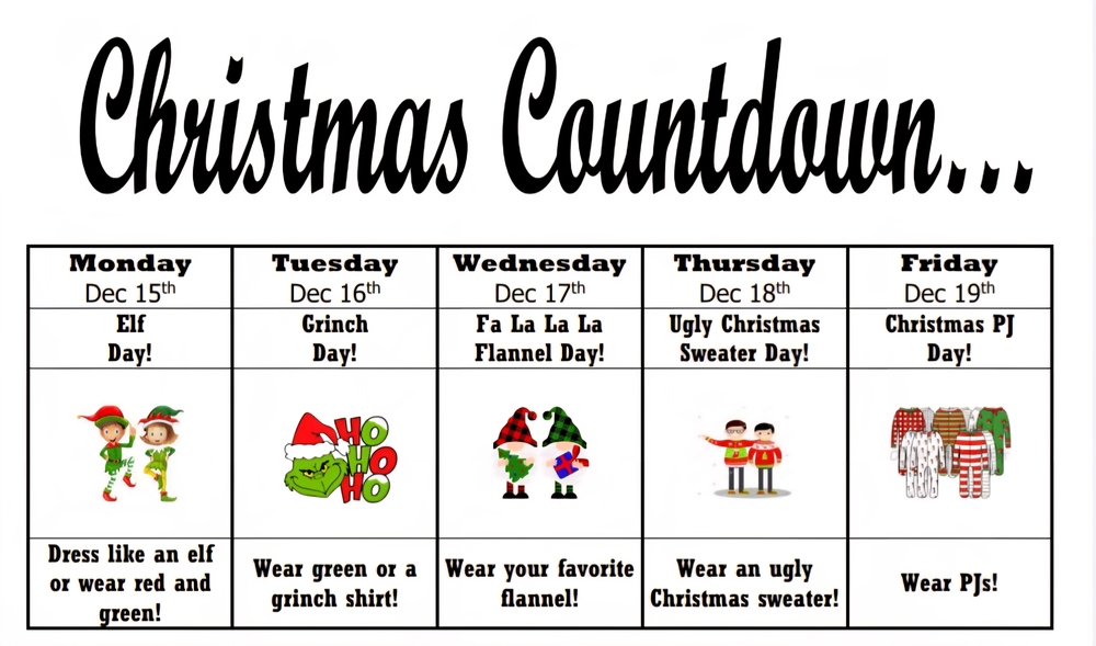 Picture of Christmas Countdown schedule for Dec. 15-19 detailing different dress up days