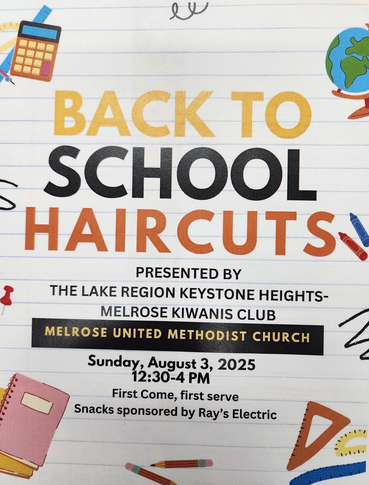 Flyer advertising back to school haircuts. Pictureds of a calculator, globe, notebooks, pencils, and math tools.