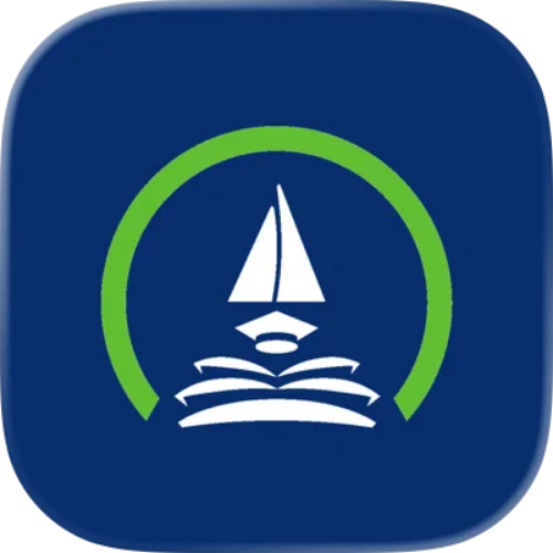 picture of sailboat on top of books with a green semi-circle around it, it is the Putnam schools emblem