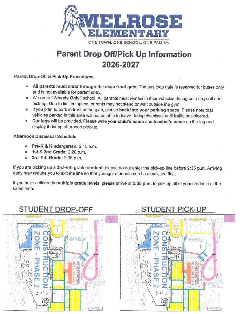 Directions for Parent Pick Up and Drop off for the 2026-2027 Year. There are two maps at the bottom with highlighted routes.