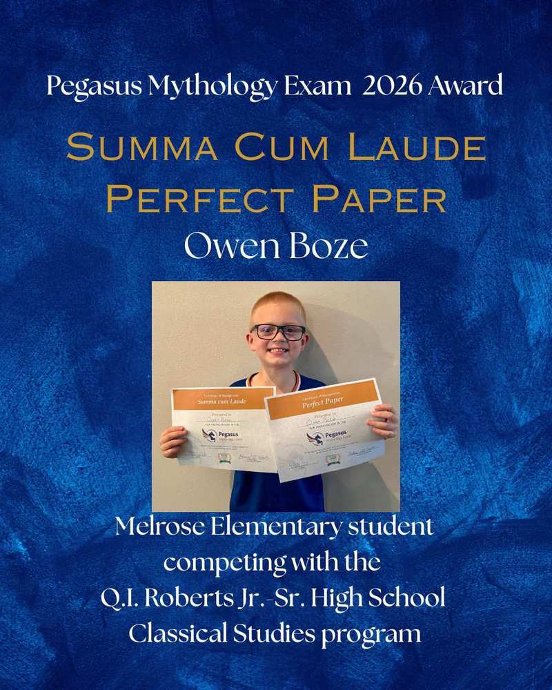 picutre of male student holding 2 certificates recognizing him for a perfect paper on the Pegasus Mythology Exam