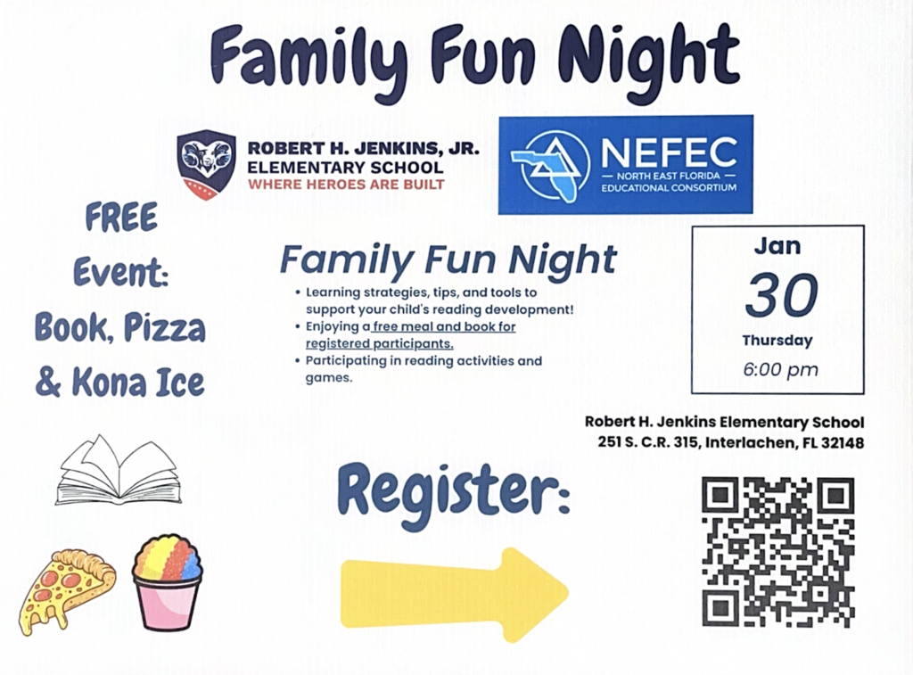 Family Fun Night Robert H. Jenkins, Jr. Elementary. QR Code Available to scan to register.