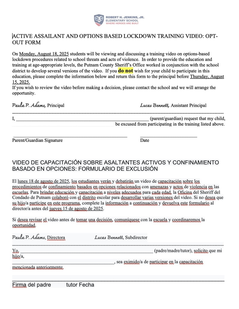Active Assailant Opt Out Form