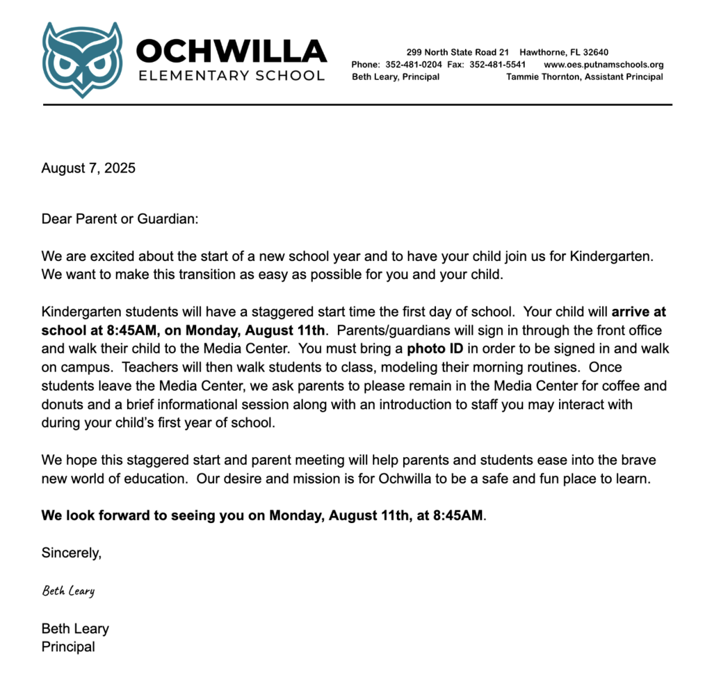 Letter on Staggered Start for Kindergarten
