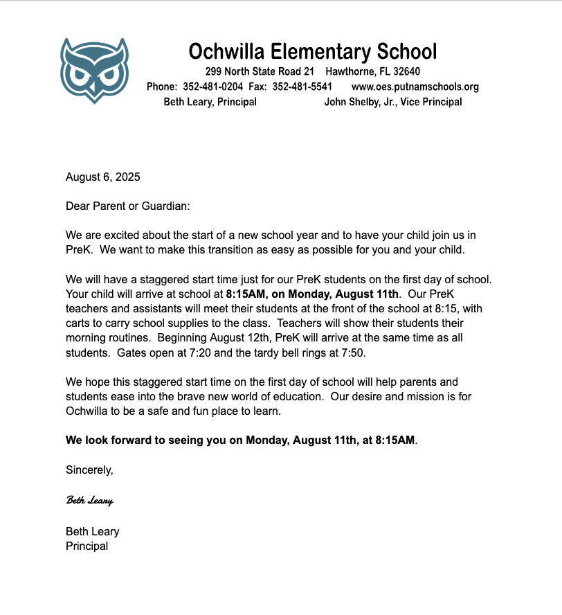 Letter on VPK staggered start